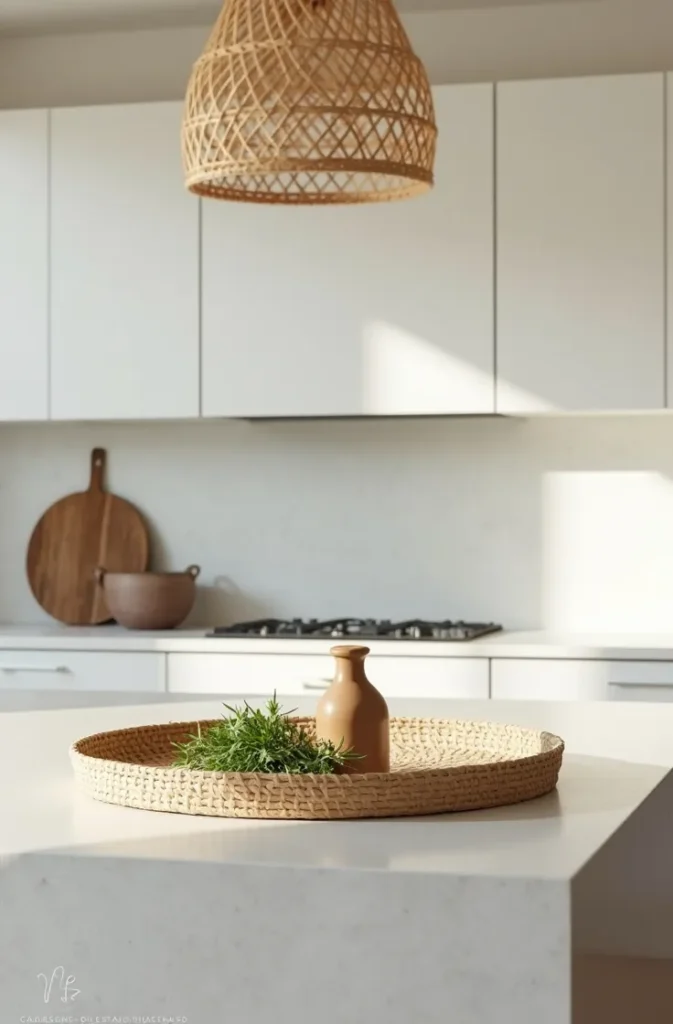 Add Woven Rattan Accents to Break Up Hard Kitchen Surfaces