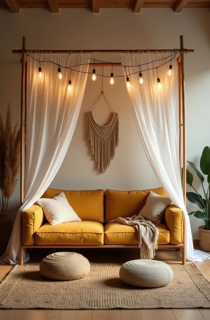 Add a Boho Canopy Bed-Style Frame Behind a Sofa to Define the Seating Zone