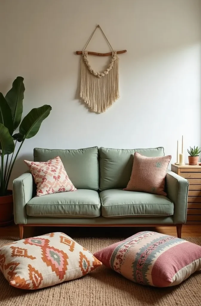 Anchor a Small Apartment Boho Living Room With a Compact Two-Seat Sofa and Floor Cushions
