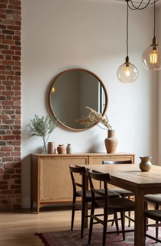 Antique-Finish Round Mirrors in Eclectic Dining Rooms