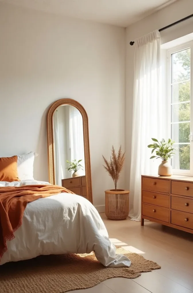 Arched Rattan-Frame Mirrors That Anchor a Bedroom Wall