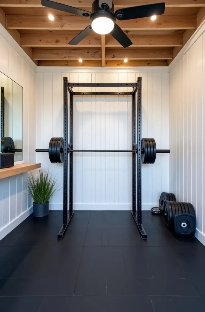 Backyard Gym Shed With Rubber Flooring and Wall-Mounted Equipment