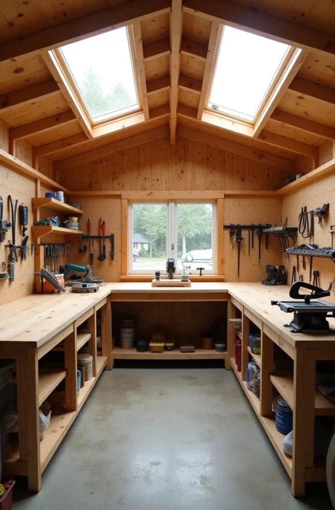 Backyard Workshop Shed With Skylights and Workbench Wall
