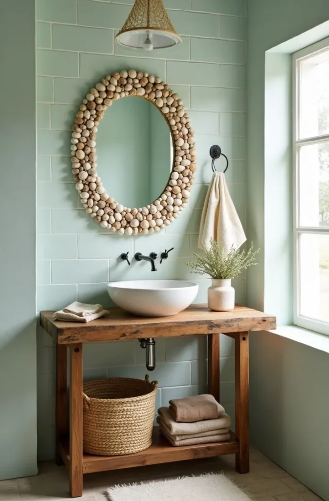 Beaded or Shell-Trim Mirrors for Coastal Boho Bathrooms