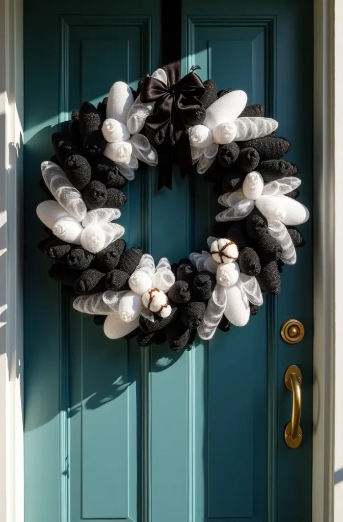 Black and White Deco Mesh Wreath for a Minimal Modern Exterior
