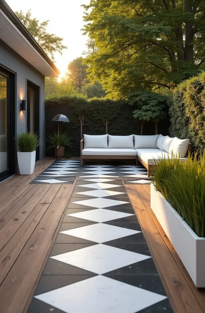 Black and White Tile Combined With Warm Wood Decking
