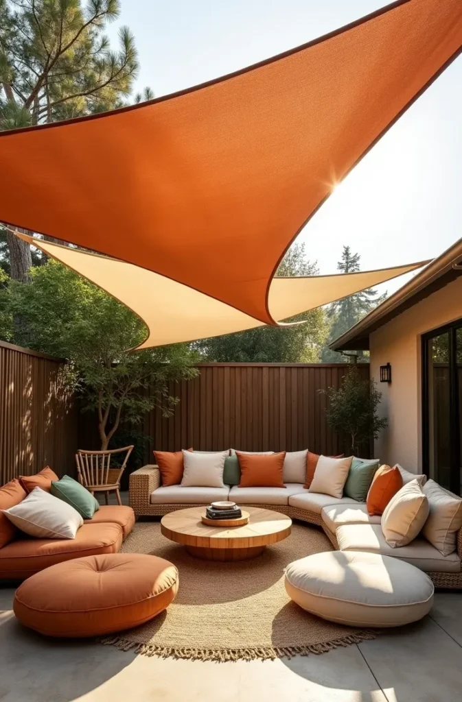 Bohemian Floor Cushion Seating Area Under a Shade Sail