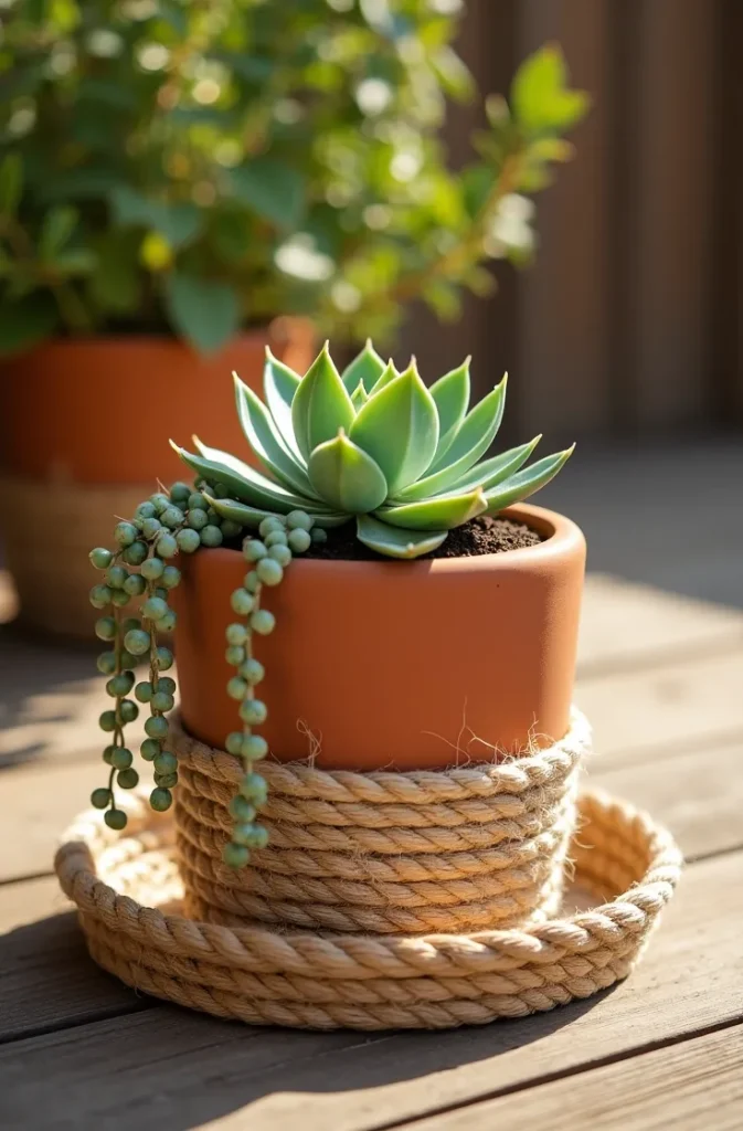 Boho-Inspired Rope and Paint Combination for Textured Pot Design