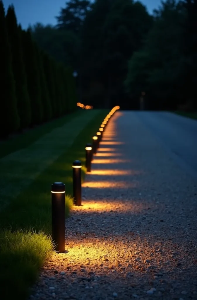 Bollard Lights Along a Garden Border for Structured Driveway or Lawn Edge Definition
