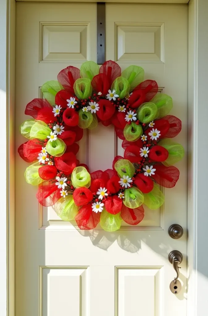 Bright Red and Green Summer Deco Mesh Wreath That Works Before Fall