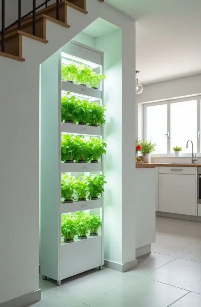 Build a Narrow Hydroponic Tower Garden in the Under-Stair Alcove
