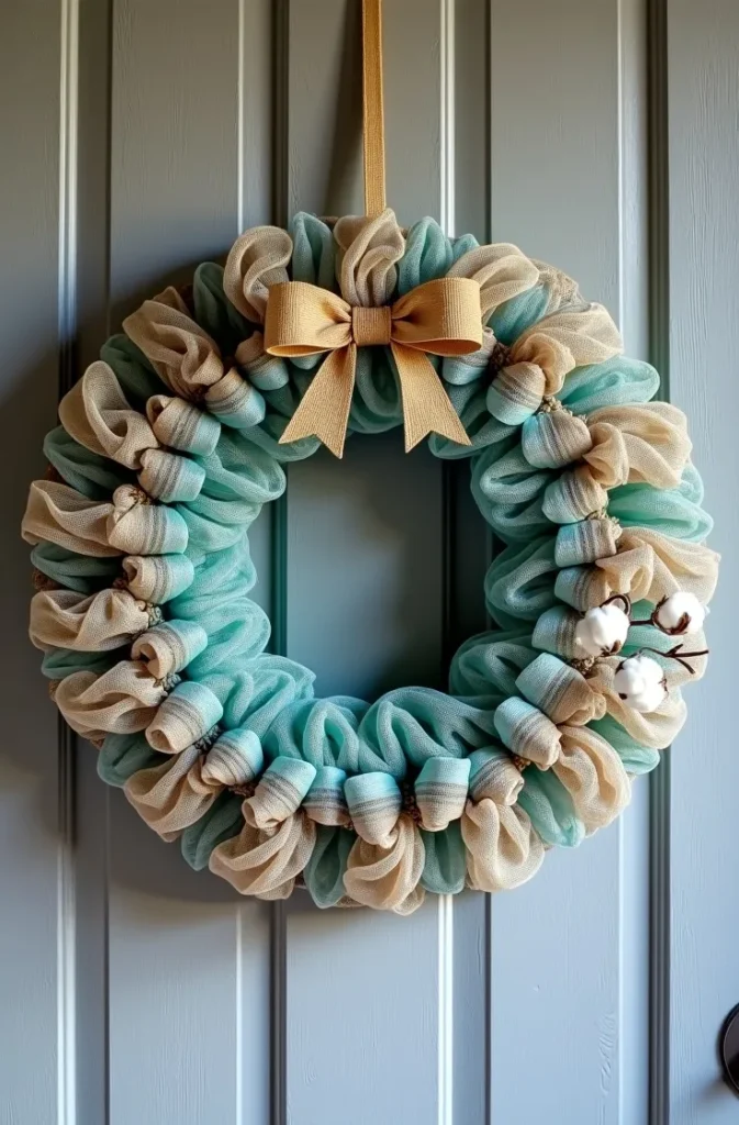 Burlap and Teal Deco Mesh Wreath for a Farmhouse Porch