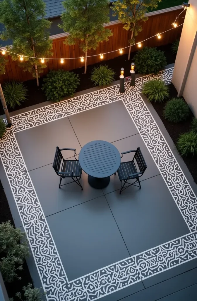 Charcoal Concrete Patio Paint with a Stenciled Border Design