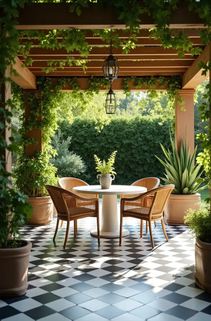 Checkerboard Tile Patio With a Pergola and Hanging Greenery
