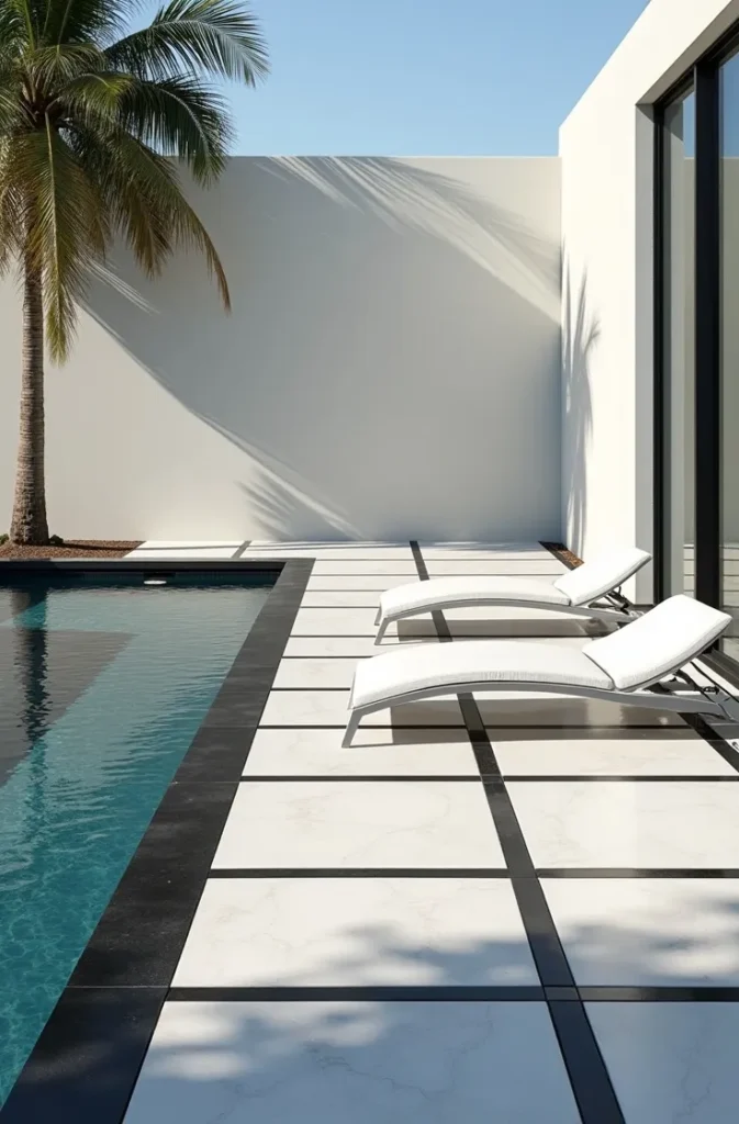 Checkered Tile Pool Deck With a Black Coping Border