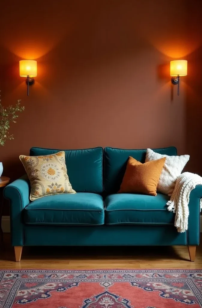 Choose a Velvet Couch in Jewel Tones and Layer It With Textured Throw Blankets