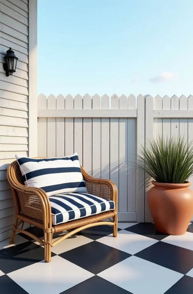 Coastal Patio With Blue Accents Against a Checkerboard Base