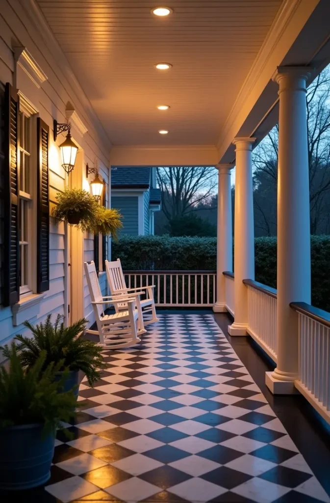 Covered Porch Checkerboard With Recessed Lighting for Evening Use