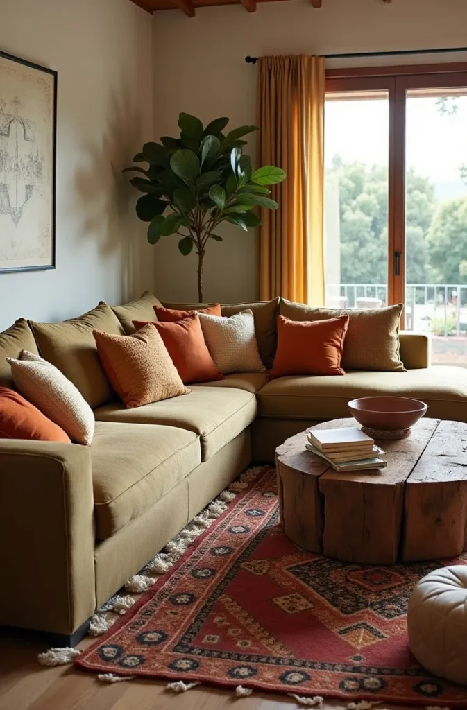 Create a Boho Corner Sectional With Mismatched Throw Pillows in Earthy Tones