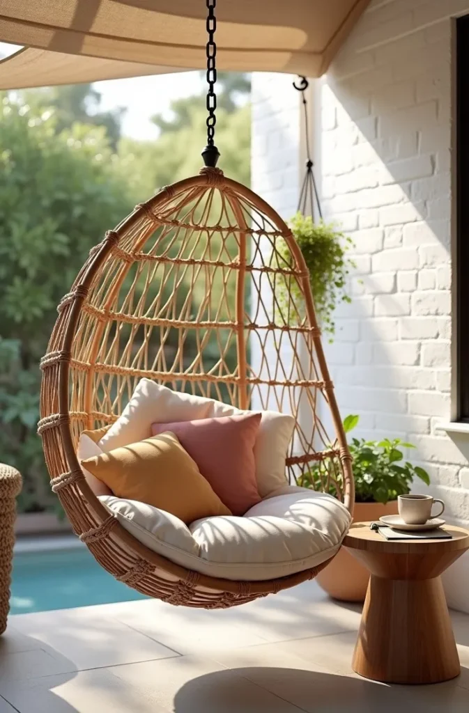 Create a Porch Reading Corner With a Hanging Egg Chair and a Side Surface