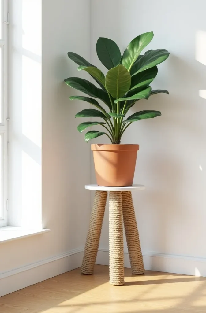 DIY Rope-Wrapped Plant Stand That Adds Texture and Height to an Indoor Corner