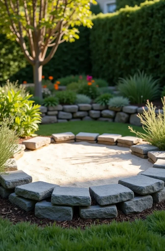 Decorative Rock and Timber Edge Sandbox for a Landscaped Backyard Focal Point