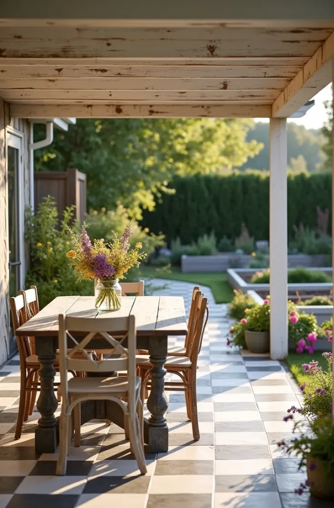 Farmhouse-Style Patio With Soft White and Off-Black Pairing