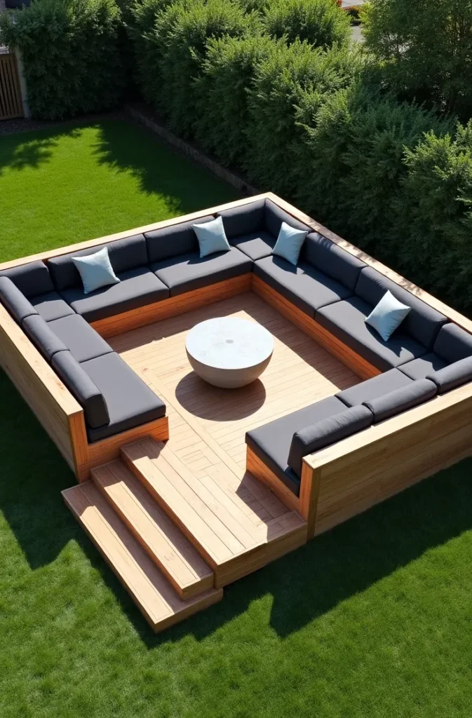 Floating Deck Lounge With Built-In Bench Seating Around the Perimeter