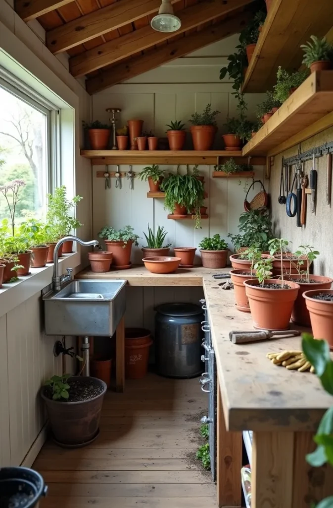 Garden Potting Shed With Galvanized Steel Sink and Potting Bench