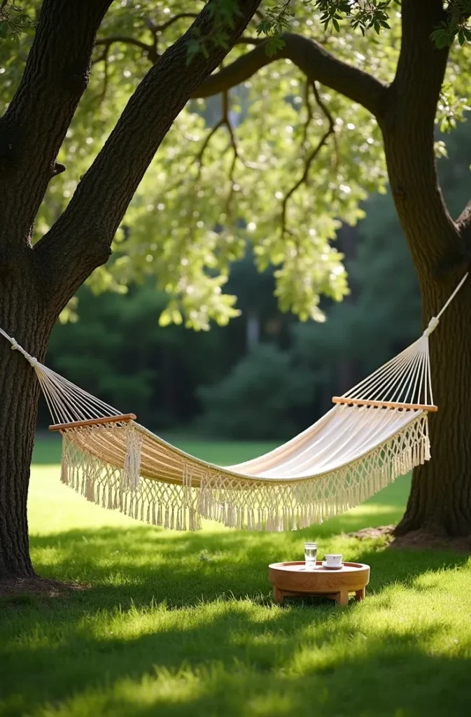 Hammock Garden Zone Between Two Trees or Posts for Zero-Cost Relaxation