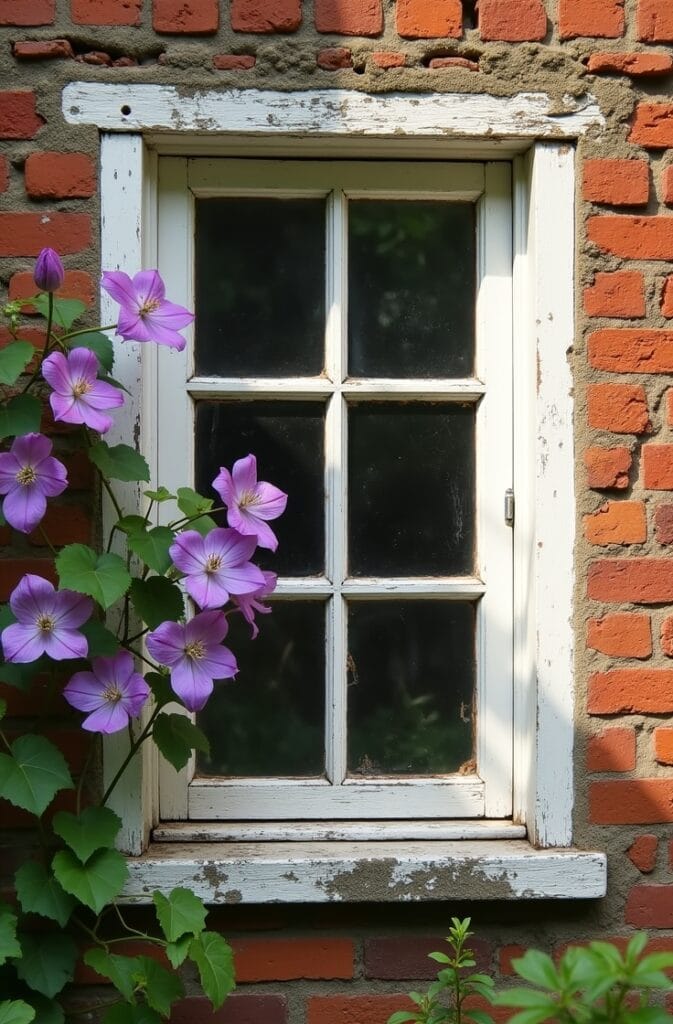 Hang an Old Wooden Window Frame as a Trellis for Climbing Plants on a Garden Wall
