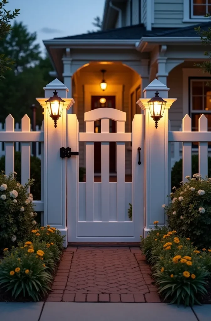 Lantern-Style Post Lights Along a Garden Fence for a Traditional American Exterior