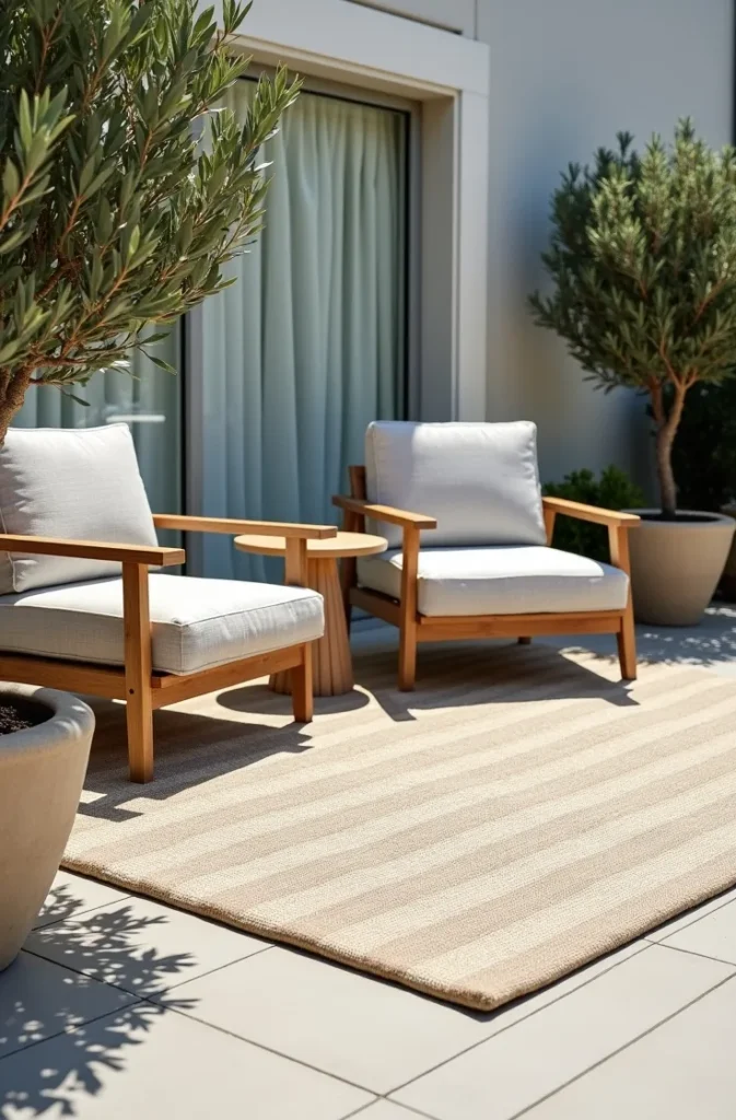 Layered Outdoor Rug and Seating Vignette That Anchors an Open Patio