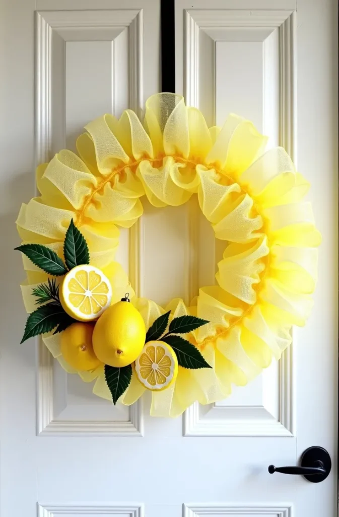 Lemon Slice Deco Mesh Wreath in Citrus Yellow and White