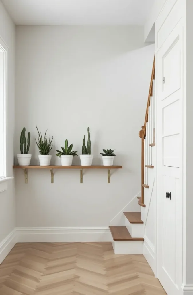 Line the Under-Stair Wall With a Continuous Planter Shelf at Dado Height