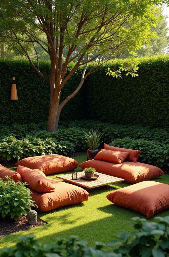 Low-Profile Outdoor Lounge Setup for a Ground-Level Garden Seating Area