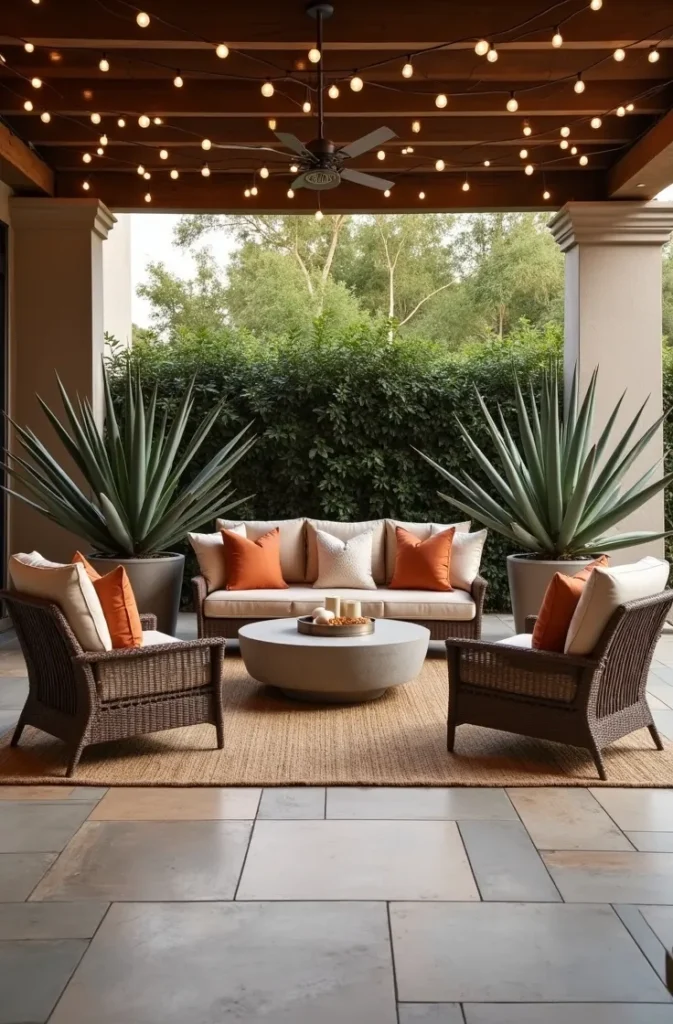 Luxury Outdoor Living Room Setup With a Sofa, Coffee Table, and All-Weather Accessories