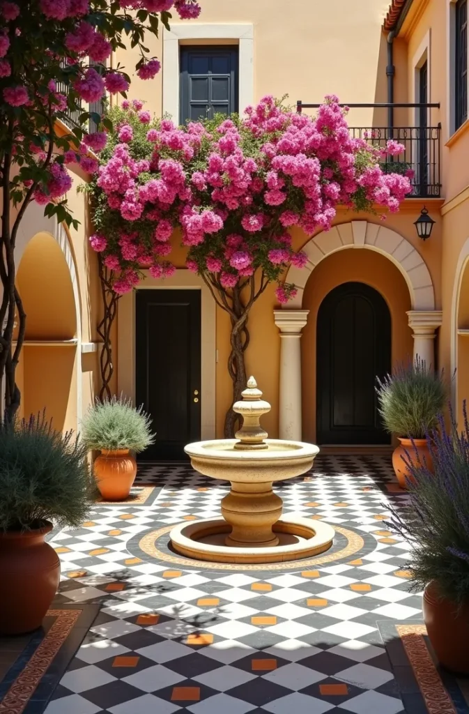 Mediterranean Courtyard Checkerboard With Terracotta Accent Borders