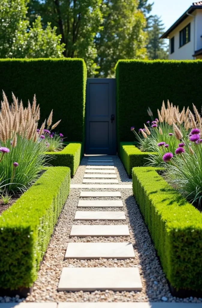 Modern Geometric Garden With Clipped Hedges and Gravel Panels