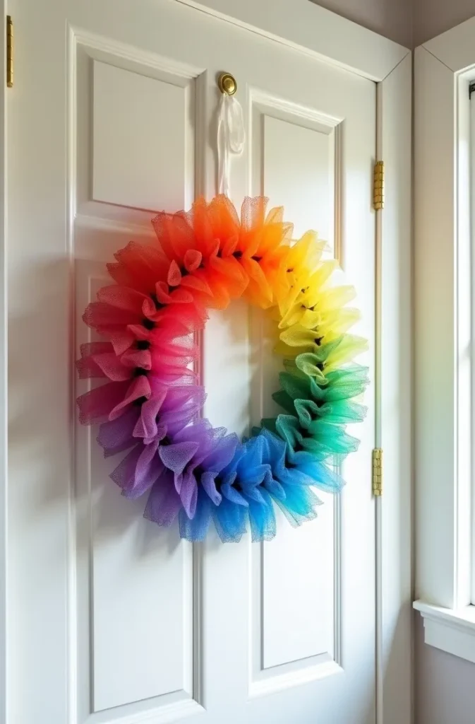 Multicolor Rainbow Deco Mesh Wreath for a Cheerful Kids Room or Playroom Door