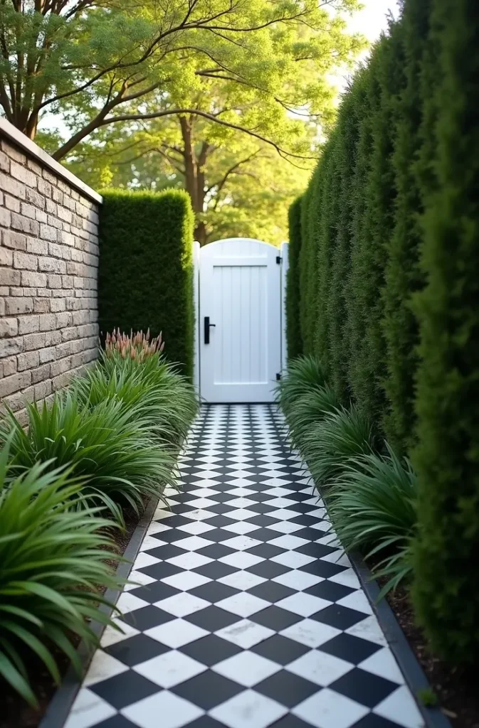 Narrow Side Yard Patio With a Tile Layout That Draws the Eye Forward