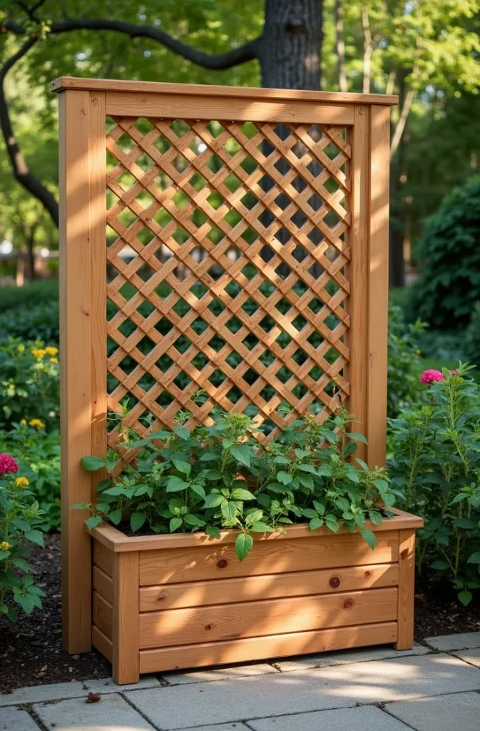 Natural Cedar Lattice Garden Screen With Built-In Planter Box