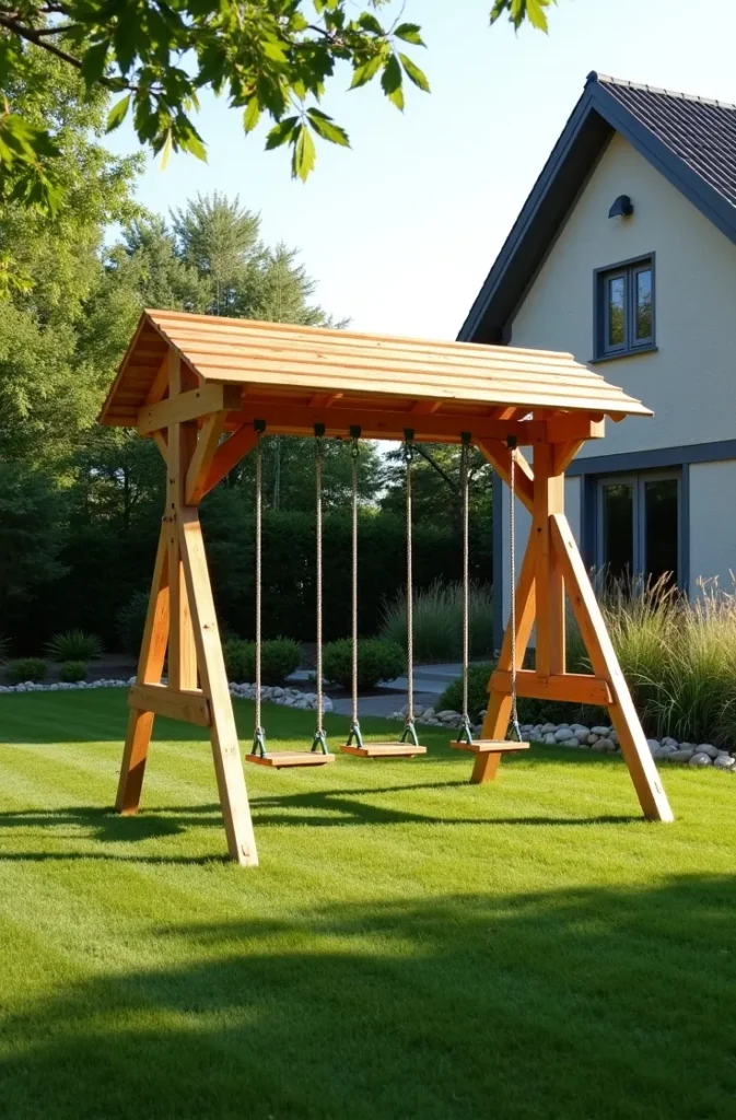Natural Wood Swing Set With Flat Roof Canopy
