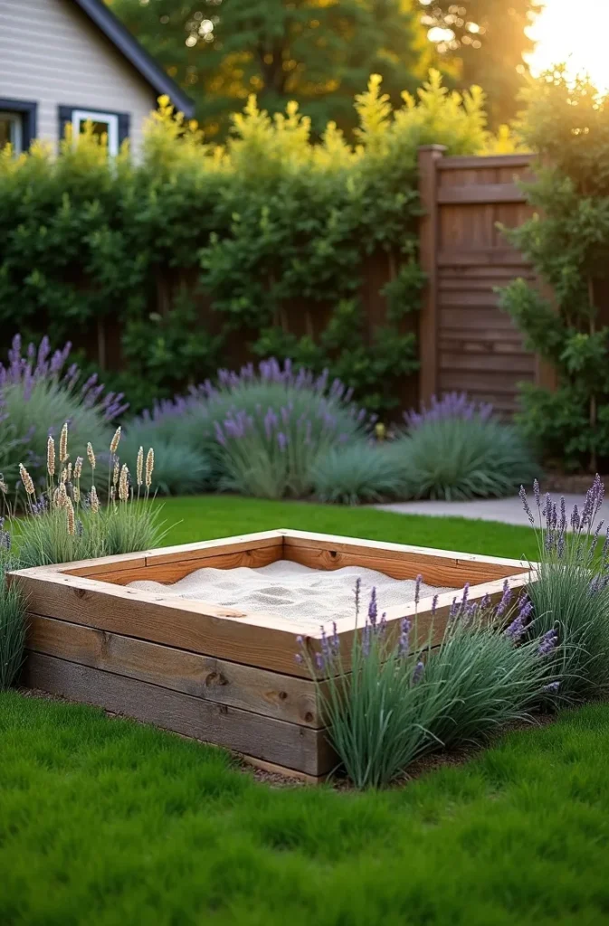 Naturally Landscaped Sandbox With Planted Timber Surround for a Garden-Integrated Look