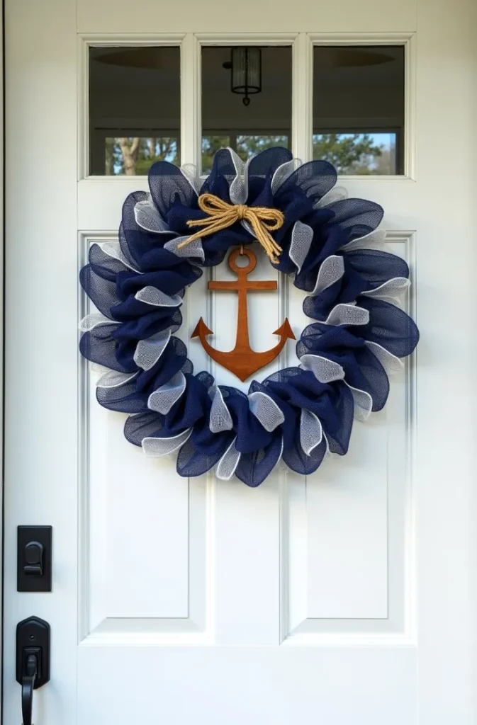 Nautical Navy and White Deco Mesh Wreath With Rope Accents