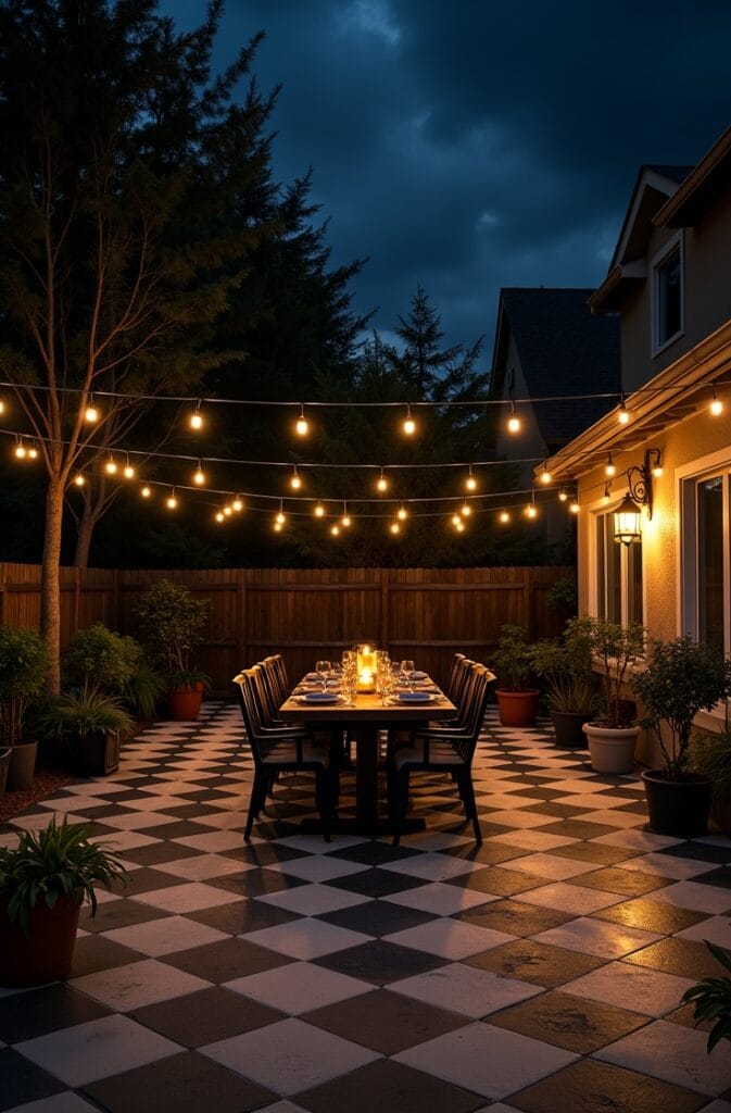 Night-Lit Patio Where Checkerboard and Landscape Lighting Create Drama