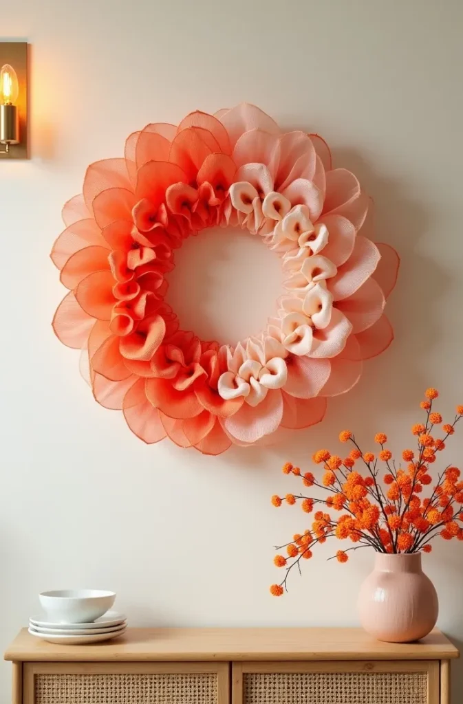 Orange and Coral Deco Mesh Wreath That Brings Summer Sunset Tones Indoors