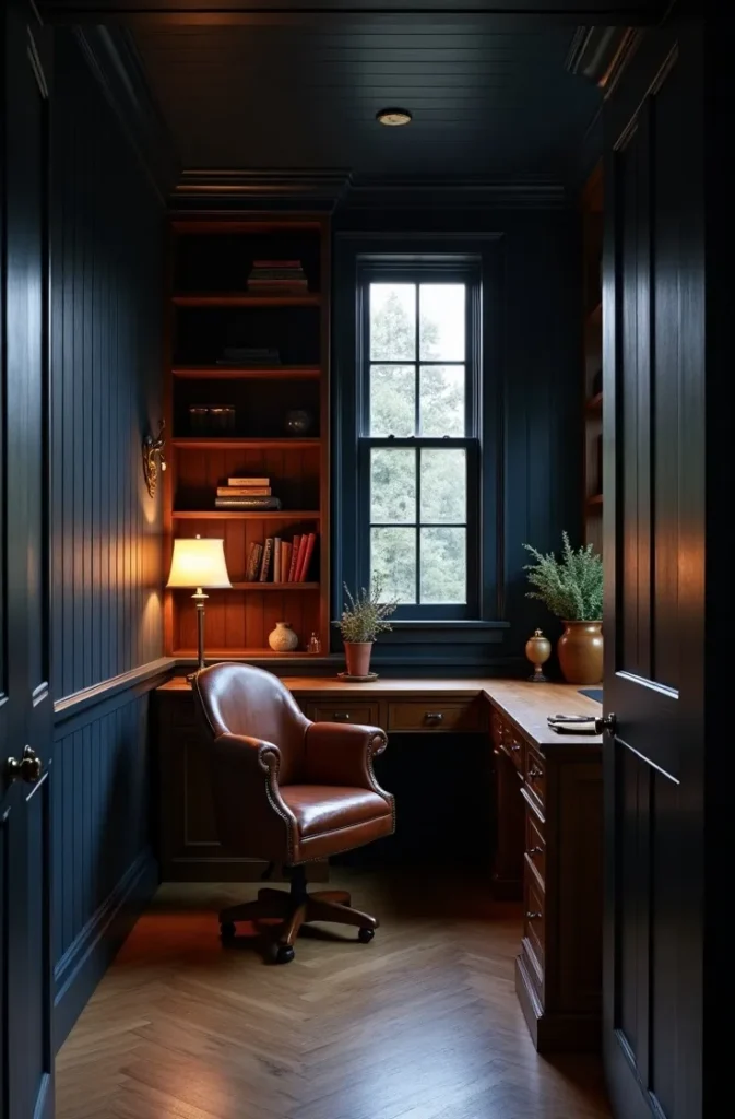 Paint Knotty Pine a Deep Color to Create a Sophisticated Paneled Room