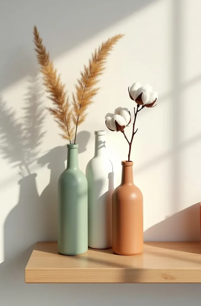 Painted Glass Bottle Vase Cluster That Transforms Recycled Glass Into Shelf Decor