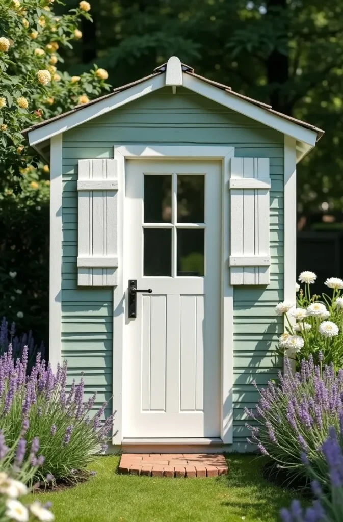 Painted Lattice Window Shutters for Garden Shed Exteriors